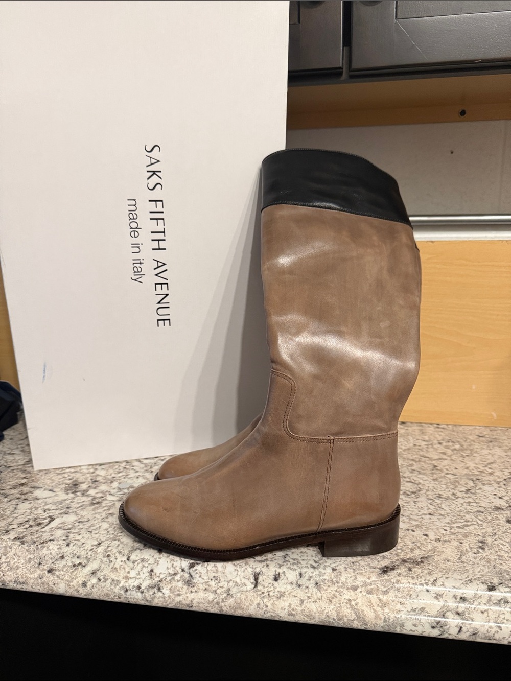 New with tags. Saks fifth Avenue Kensington riding boot in gray with black